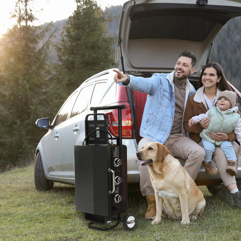 Family camping with Three Burner Propane Griddle On Folding Stand 23 Inch Portable Griddle With Side Table And 314 Square Inches Cooking Area