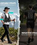 Person hiking with Hydration Backpack With 2L Water Bladder, Lightweight Running Vest, adjustable straps, mountain background
