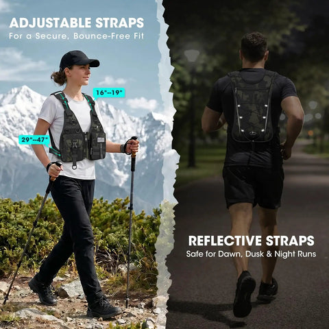 Person hiking with Hydration Backpack With 2L Water Bladder, Lightweight Running Vest, adjustable straps, mountain background