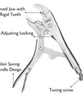 7 Inch Curved Jaw Locking Pliers With Wire Cutter And Adjustable Wrench, heavy duty alloy steel tool with visible tuning screw