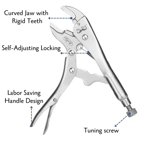7 Inch Curved Jaw Locking Pliers With Wire Cutter And Adjustable Wrench, heavy duty alloy steel tool with visible tuning screw