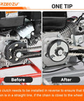 Comparison of mini bike engines before and after installing Universal Mini Bike Chain Tensioner with Roller Bracket for Predator engines.