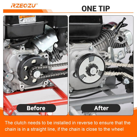 Comparison of mini bike engines before and after installing Universal Mini Bike Chain Tensioner with Roller Bracket for Predator engines.