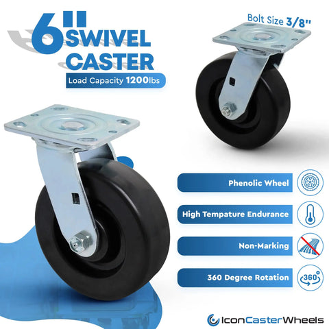 Heavy Duty Industrial Casters With Six Inch Phenolic Wheels And Four Swivel Mounts For Smooth Rolling Loads Up To 4800 Lbs Per Set close-up of 6-inch swivel caster with phenolic wheel.