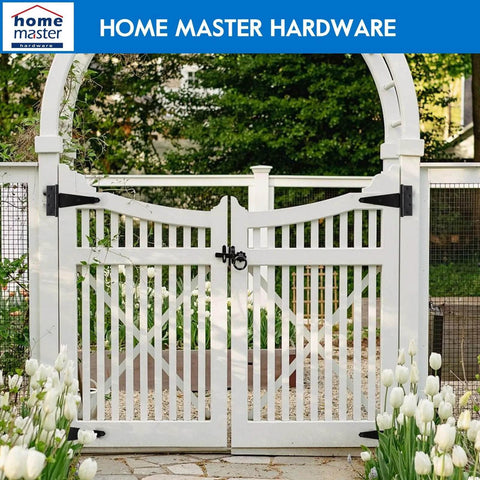 8 Inch T Strap Heavy Duty Shed Door Hinges Black Tee Hinge for white garden gate with screws, outdoor use, 4 pack, mounted view