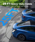 Level 1 Ev Charger For J1772 Vehicles 120V 12A Nema 5-15 Plug Portable Electric Car Charger with 25FT cable attached to blue vehicle.