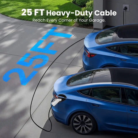 Level 1 Ev Charger For J1772 Vehicles 120V 12A Nema 5-15 Plug Portable Electric Car Charger with 25FT cable attached to blue vehicle.