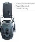 Impact Pro Electronic Earmuff With NRR 30 for shooters featuring rubberized pressure points preventing scratching, front view.