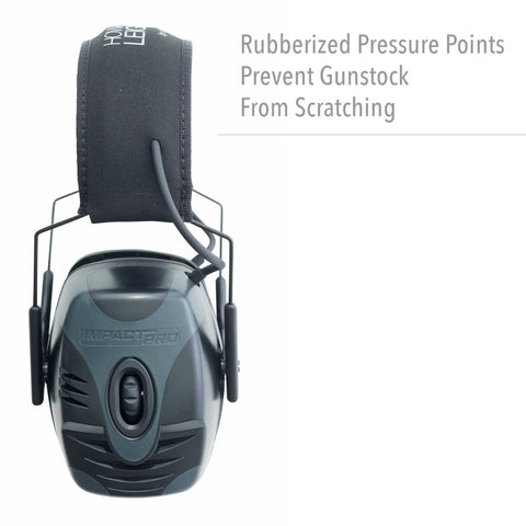 Impact Pro Electronic Earmuff With NRR 30 for shooters featuring rubberized pressure points preventing scratching, front view.
