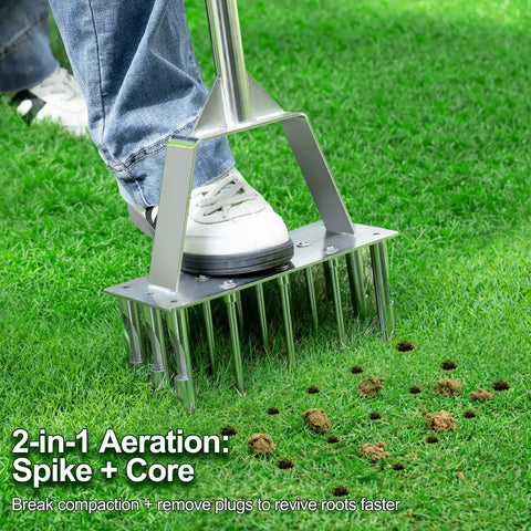 Person using Two In One Lawn Aerator And Core Aerator Tool With Nine Spikes And Six Cores In Stainless Steel on grass