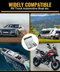 Straight Shooter 120 Piece Blade Fuses Assortment Kit displayed with cars, RVs, boats, and motorcycle for automotive use.