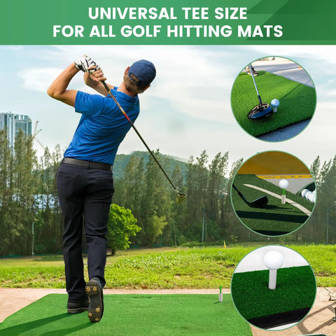 Golfer using Durable Rubber Golf Tees For Driving Range And Indoor Simulators with mat setup and varied tee heights