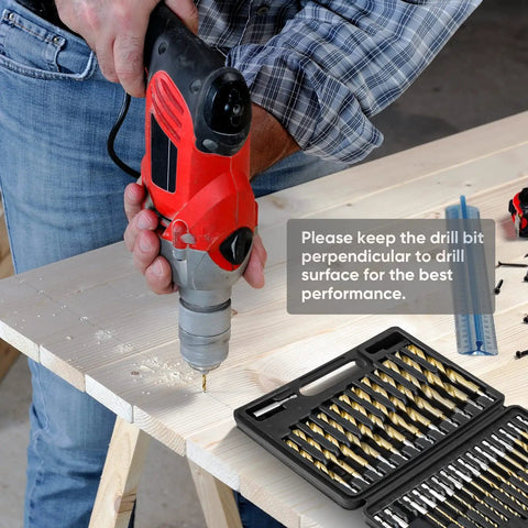 Man using Dope Titanium Coated Drill Bit Set with Hex Shank and 135 Degree HSS Tips, case shown, drilling wood