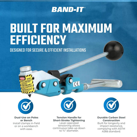 Top Shelf Center Punch Installer With Built In Cutter For 5/8 And 3/8 Inch Hose Clamps Knockout Setup For Duct Hangers And Plumbing Jobs Nailed Without Any Hassle on a blue background.