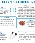 Epic 1818 Piece Dope DIY Electronics Component Kit With Resistors Capacitors LEDs Diodes Transistors Zener And Rectifier Diodes PCBs Potentiometers For Arduino STEM And Hobby Projects display showing component types and quantities.