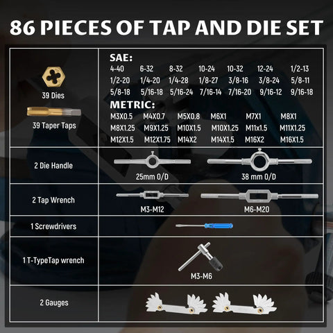 Components of 86pc Tap And Die Set For Threading SAE And Metric Sizes M3 To M16 Pro Grade Tool Kit with sizes and tools listed.
