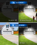 Outdoor Motion Sensor LED Flood Lights 2 Head Security Floodlight 3400 Lumen 30W Equivalent To 250W Incandescent Daylight 5000K Waterproof Yard Driveway Backyard Auto On Off showcasing auto and manual modes at night with no motion and motion detected conditions