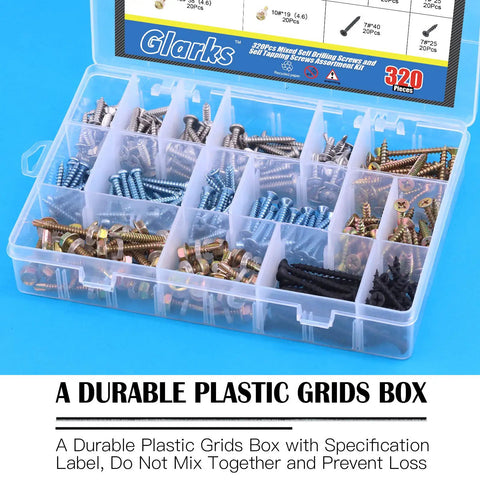 Pro Level 320 Pcs Mixed Self Drilling Screw Assortment Kit featuring organized plastic grid box with assorted fasteners.
