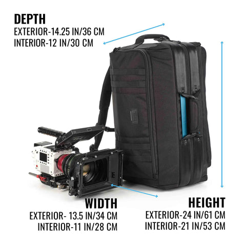 Cineluxe V2 Backpack 24 for Pro Cinema Gear shown with large camcorder, highlighting exterior and interior dimensions.