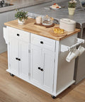 Solid Rubber Wood Top Kitchen Island Cart With Storage Cabinet And Drawer, 35.4 Inch Wide Rolling Kitchen Island On Wheels With Spice Rack And Towel Rack, White Finish, Durable MDF Frame in kitchen setting