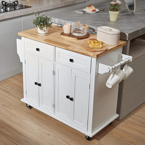 Solid Rubber Wood Top Kitchen Island Cart With Storage Cabinet And Drawer, 35.4 Inch Wide Rolling Kitchen Island On Wheels With Spice Rack And Towel Rack, White Finish, Durable MDF Frame in kitchen setting