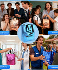 Collage of 40 Pcs Reusable Gift Bags With Handles Set Includes 20 Iridescent Gift Bags And 20 Tissue Papers For Employee Appreciation Bulk Gifts To Staff, Team Members, Coworkers, Teachers, And Nurses On Any Thank You Occasion, used by different professionals.