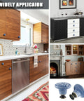 Light Blue Ceramic Kitchen Cabinet Knobs Set Of 12, 34mm Diameter Round Pull Handles, 1.3 Inches Wide And 1.2 Inches High, Includes Screws And Mini Screwdriver For Easy Installation, Classic Vintage Look For Cabinets And Drawers, shown on kitchen cabinets