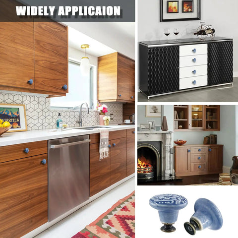 Light Blue Ceramic Kitchen Cabinet Knobs Set Of 12, 34mm Diameter Round Pull Handles, 1.3 Inches Wide And 1.2 Inches High, Includes Screws And Mini Screwdriver For Easy Installation, Classic Vintage Look For Cabinets And Drawers, shown on kitchen cabinets