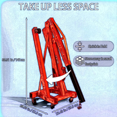 Folded 2 Ton Foldable Engine Hoist Cherry Picker for auto repair storage, compact dimensions displayed