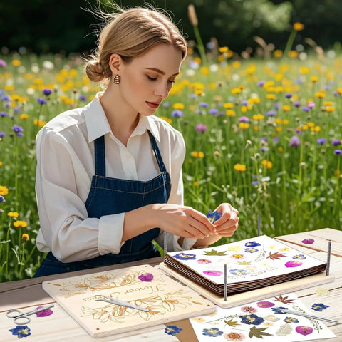 Woman using 11x11 Inch Dope Extra Large Flower Press Kit With 10 Wooden Layers For Adults And Teens, DIY Bouquet Preservation.