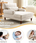 Smoke white adjustable back chaise lounge chair with plush upholstery in a living room setting, deep seat, and wooden legs.