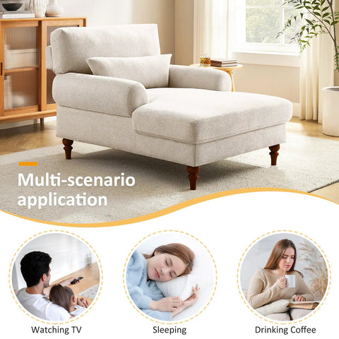 Smoke white adjustable back chaise lounge chair with plush upholstery in a living room setting, deep seat, and wooden legs.