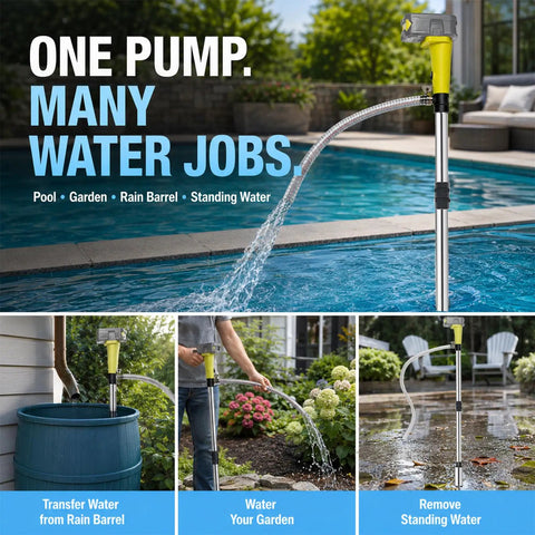 Cordless Stick Water Transfer Pump Roams Free Without Power Cords And Sniffs Out Standing Water Fast in use around a pool and garden.