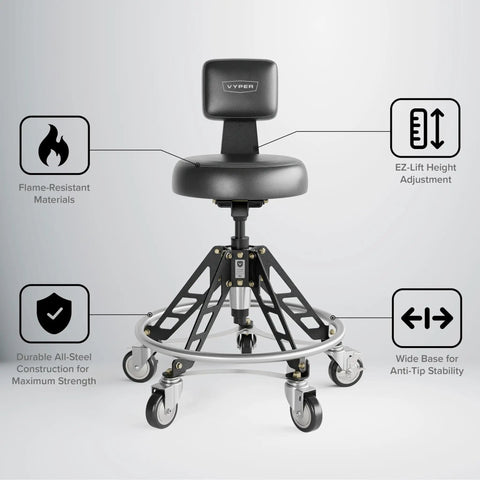 Elevated Steel EZ-Lift Shop Chair With Backrest For High Workbenches, 400 Lb Capacity, showing durable all-steel construction and casters.