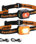 Two Pack Rechargeable LED Headlamp With USB Power, Waterproof Build, Motion Sensor, Zoomable Beam, 300 Lumen Frontlight showing straps and cables