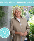 Person wearing a beige button-up shirt, standing in a garden with plants, promotional text for a Martha Stewart collaboration.