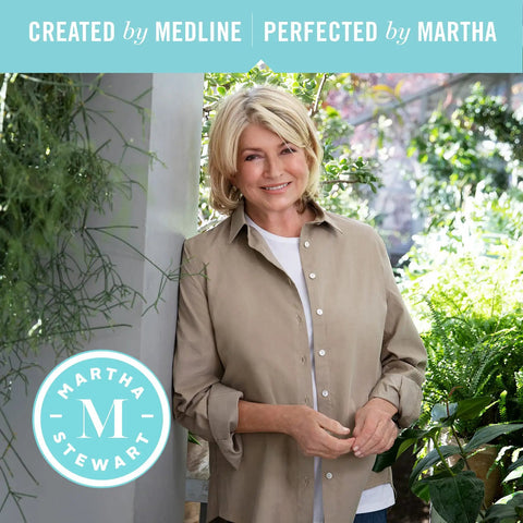 Person wearing a beige button-up shirt, standing in a garden with plants, promotional text for a Martha Stewart collaboration.