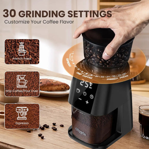 Ollygrin Electric Conical Burr Coffee Grinder With 30 Precise Grind Settings For Espresso Drip And French Press Compact Burr Mill displaying grind settings