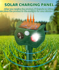 Solar Powered Ultrasonic Animal Repellent With Outdoor Motion Sensor For Squirrels And Deer Yard Guard PIR Detection Up To 30 Feet 120 Degree Coverage Inaudible To Humans With LED Strobe mounted in grass with solar panel
