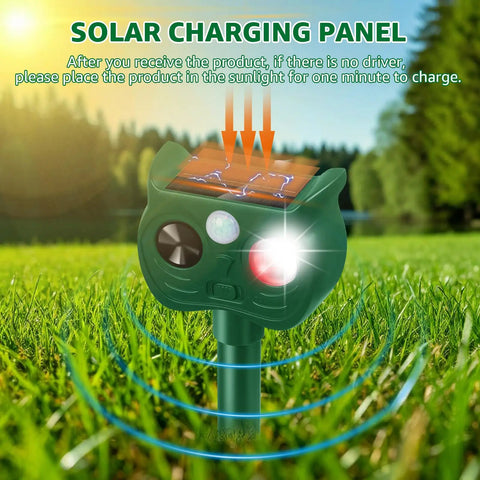 Solar Powered Ultrasonic Animal Repellent With Outdoor Motion Sensor For Squirrels And Deer Yard Guard PIR Detection Up To 30 Feet 120 Degree Coverage Inaudible To Humans With LED Strobe mounted in grass with solar panel
