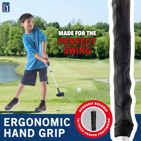 Totally Kid Friendly Beginner Golf Set With Adjustable Length Plastic Clubs Bag And Balls Learn To Play Youth Golf Toy For Boys And Girls PGA Style Plastic Golf Set In Red And Blue, child swinging club with ergonomic hand grip