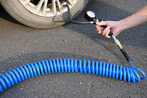 Five Pack Polyurethane Recoil Air Hose Kit Pro Grade With One Quarter Inch Inner Diameter By Twenty Five Feet Self Coiling, used on tire