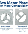 Two motor plates for 70 CFM Bathroom Exhaust Fan Replacement Motor Kit For DIY Install, showing dimensions for fan housing compatibility