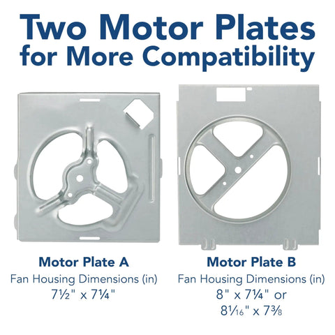 Two motor plates for 70 CFM Bathroom Exhaust Fan Replacement Motor Kit For DIY Install, showing dimensions for fan housing compatibility