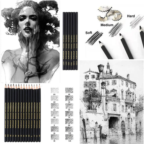 Complete 31 Piece Drawing Pencils Kit With Graphite Pencils 6H To 12B Charcoal Pencils White Color Pencils Blending Stumps
