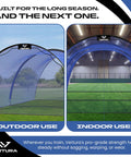 22 Ft By 12 Ft By 8 Ft Baseball And Softball Batting Cage With Easy Setup Includes Pitching Machine Hole 3 Ply Blue Netting 14 mm Fiberglass Poles Secure Steel Frame And Carry Bag shown for outdoor and indoor use.