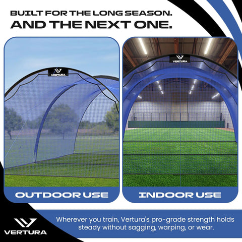 22 Ft By 12 Ft By 8 Ft Baseball And Softball Batting Cage With Easy Setup Includes Pitching Machine Hole 3 Ply Blue Netting 14 mm Fiberglass Poles Secure Steel Frame And Carry Bag shown for outdoor and indoor use.