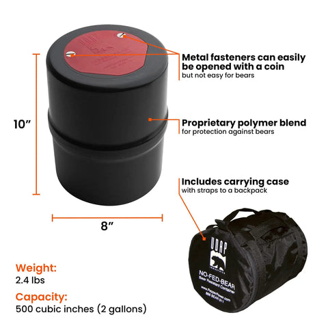 Bear Resistant Food Storage Canister For Hiking Camping And Backpacking, 2 Gallon Capacity With Carrying Case, shown with dimensions
