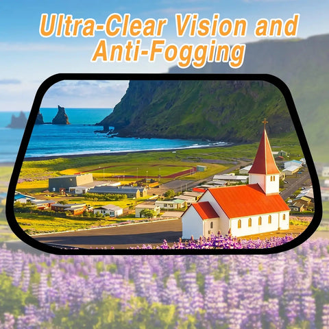 Scenic view through visor showcasing clear countryside and red-roofed church, highlighting sun cap features