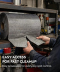 Get That Spill Ready Universal Absorbent Mat Roll 15 Inches By 50 Feet for Shops, gray absorbent mat roll accessible for quick cleanup.
